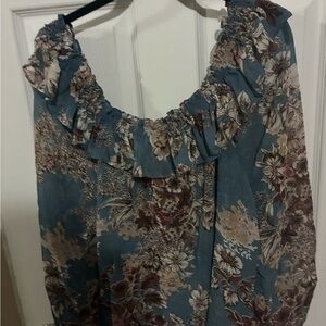 Torrid Blue and Brown Floral Ruffle Blouse